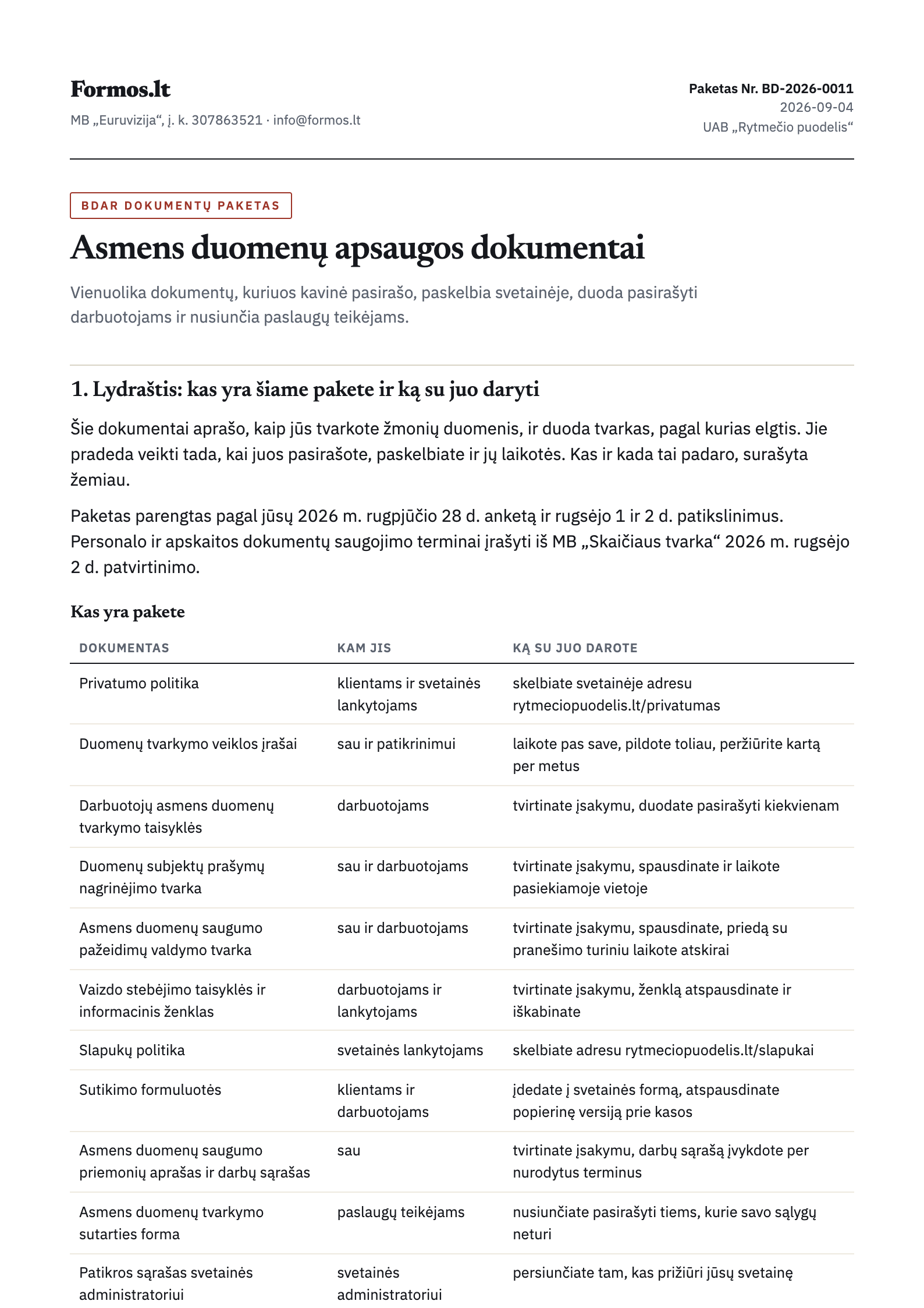 BDAR paketo pirmas puslapis: lydraštis, kas pakete ir ką pasirašyti