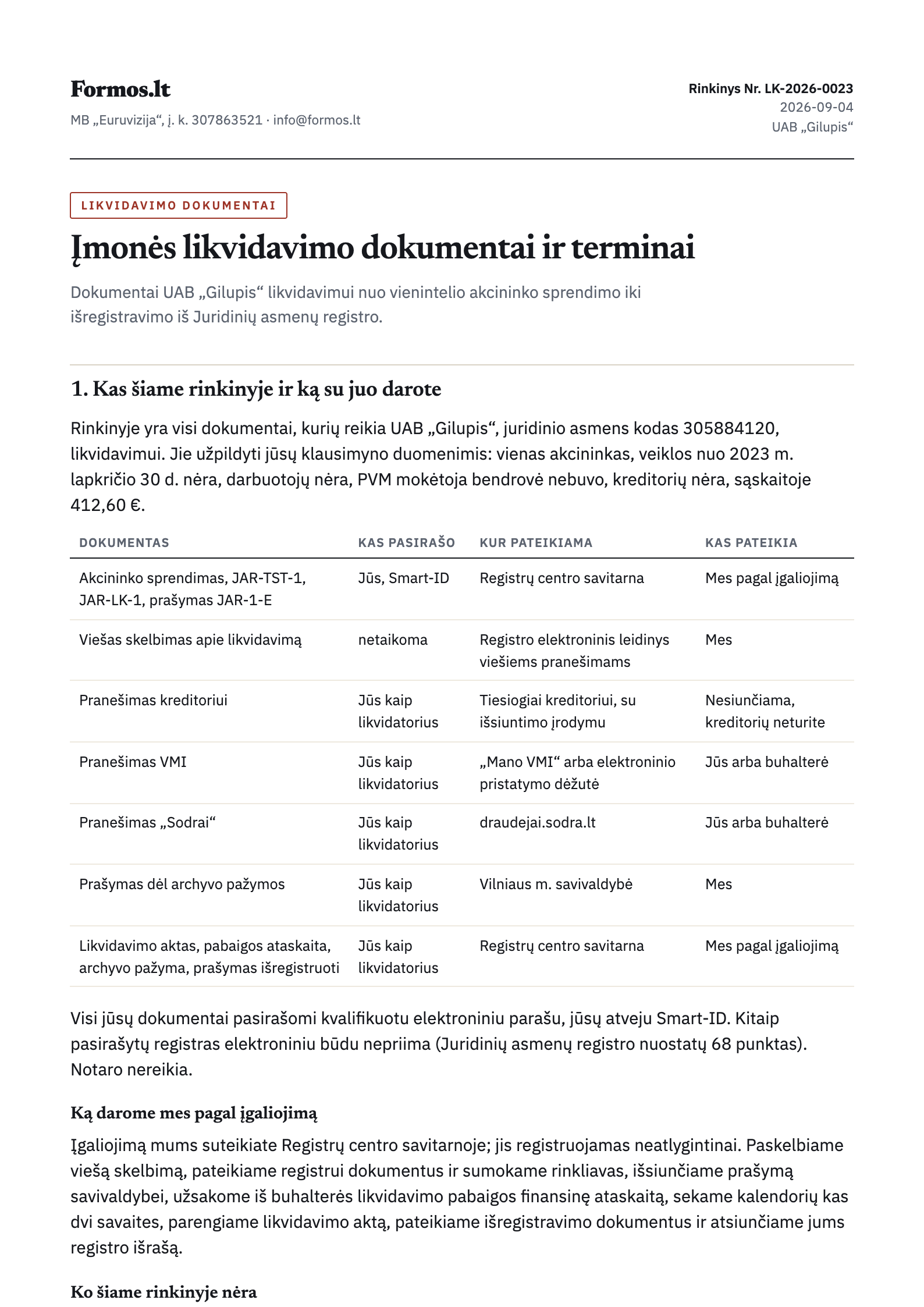 Likvidavimo dokumentų rinkinio pirmas puslapis: lydraštis, kas pasirašoma ir kur pateikiama