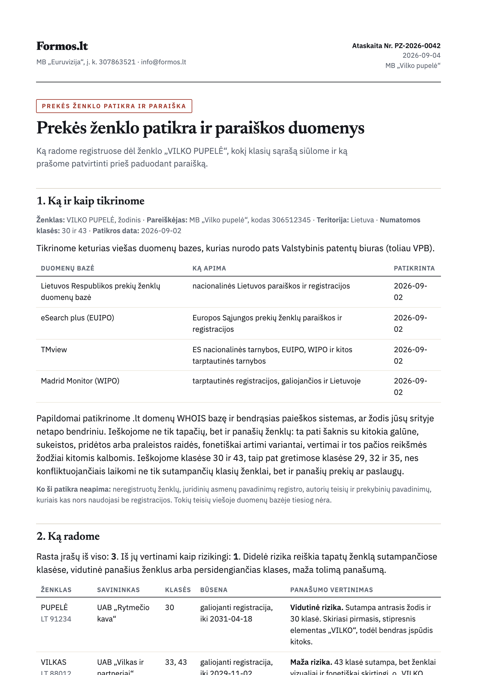 Prekės ženklo patikros ataskaitos pirmas puslapis: metodika ir rastų ženklų lentelė